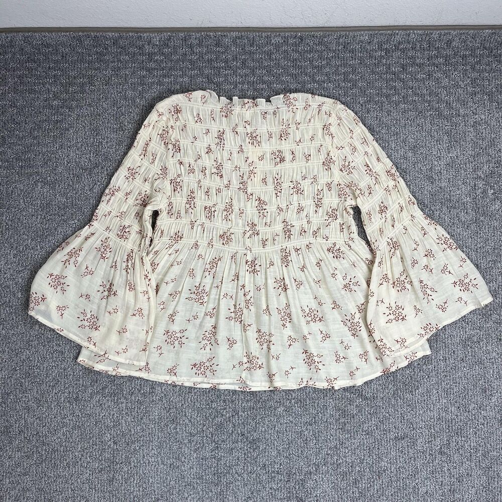 Adiva Top Womens Large Cream Floral Smocked Ruffle Peasant Boho Babydoll - Picture 2 of 8